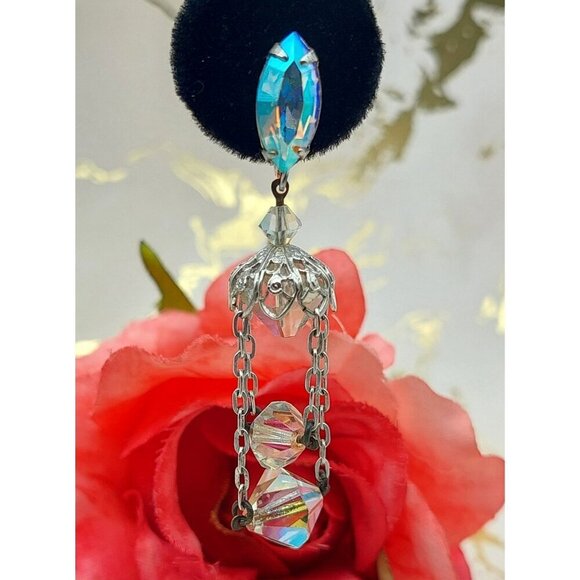 Vintage Lewis Segal AB Crystal Dangle Drop Clip On Earrings Silver Tone Formal - Picture 5 of 11